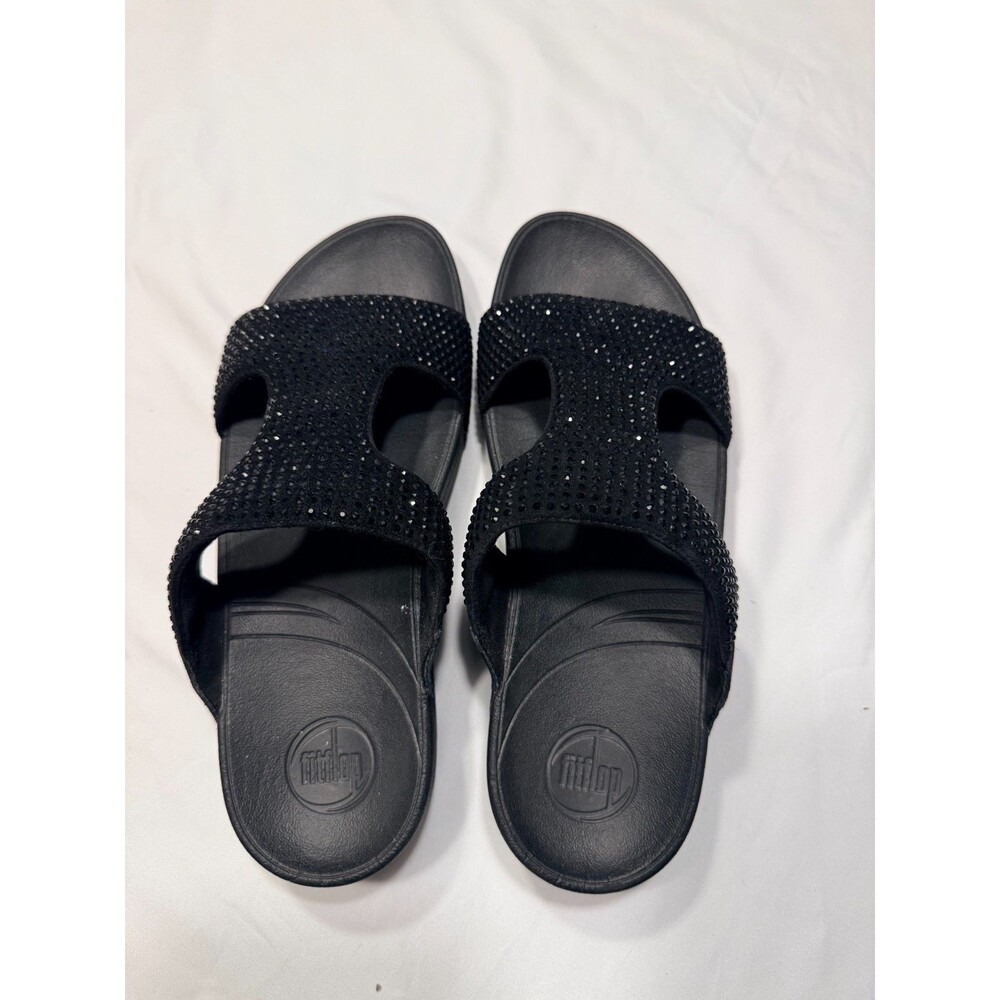Fitflop Lulu Geo Womens Size 8 Cross Sandals Black Blue Webbing Comfort NEW
